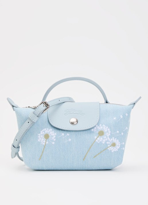 Longchamp Le Pliage Collection clutch XS van denim met bloemborduring - voorkant lichtblauw