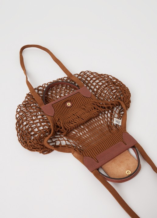 Longchamp Le Pliage Filet handtas L met leren details - detail bruin