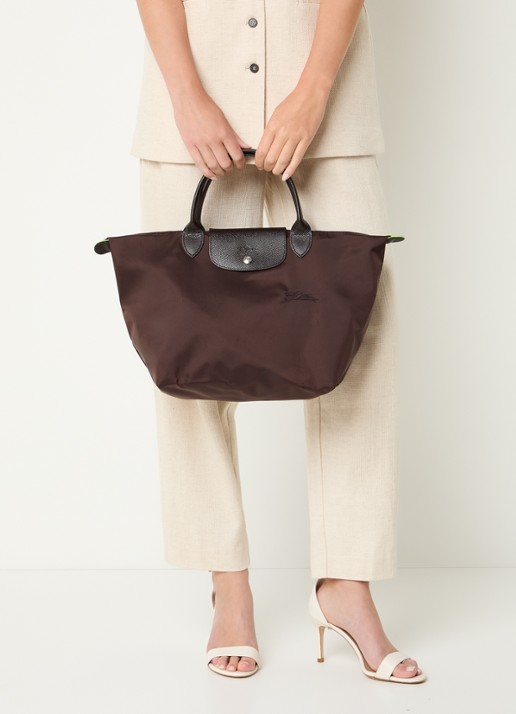 Longchamp Le Pliage Green handtas M met leren details - voorkant 3 donkerbruin