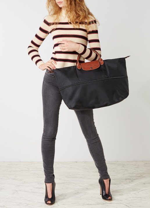 Longchamp Le Pliage Original vergrootbare reistas met leren details - voorkant 2 zwart