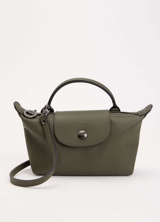 Longchamp Le Pliage Xtra handtas XS van leer met afneembare schouderriem - voorkant legergroen