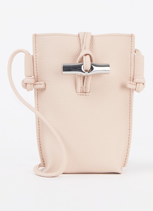 Longchamp Le Roseau crossbody telefoonhoes van leer - voorkant lichtroze
