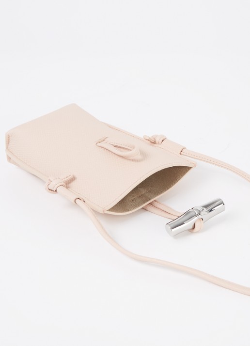 Longchamp Le Roseau crossbody telefoonhoes van leer - voorkant 2 lichtroze