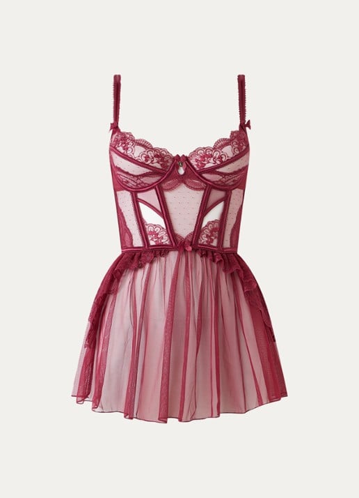 Lounge Angelica Babydoll bustier van mesh met borduring