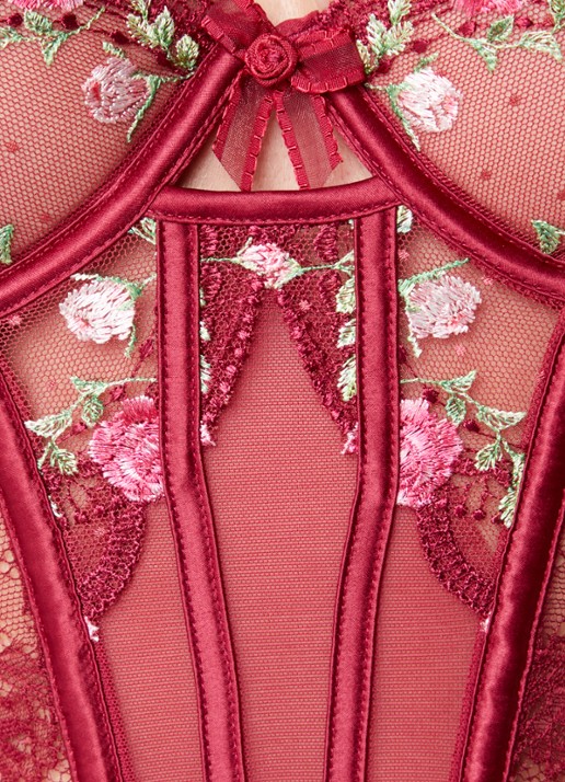 Lounge Dahlia body van mesh met bloemborduring en kant - detail 2 bordeauxrood