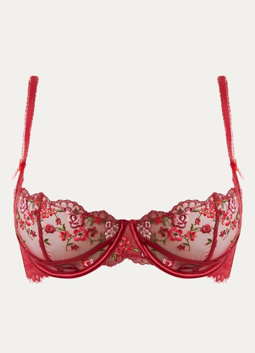 Lounge Giselle balconette bh van mesh met bloemborduring - voorkant donkerrood