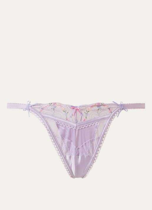 Lounge Junia string van satijn met mesh en bloemborduring - voorkant 3 lila