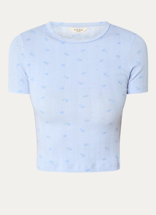 Lounge Pointelle pyjama top met bloemenprint - voorkant 2 blauw