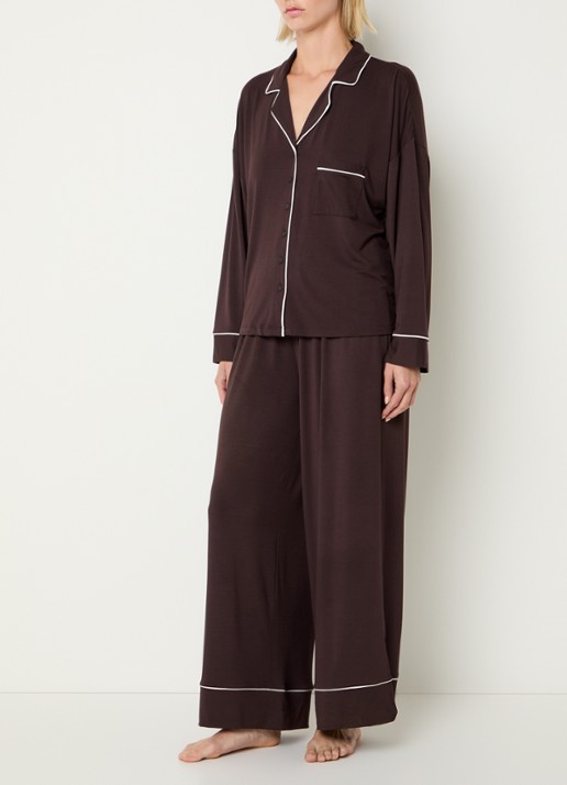 Lounge Pyjamabroek met contrasterende bies - voorkant 2 chocoladebruin