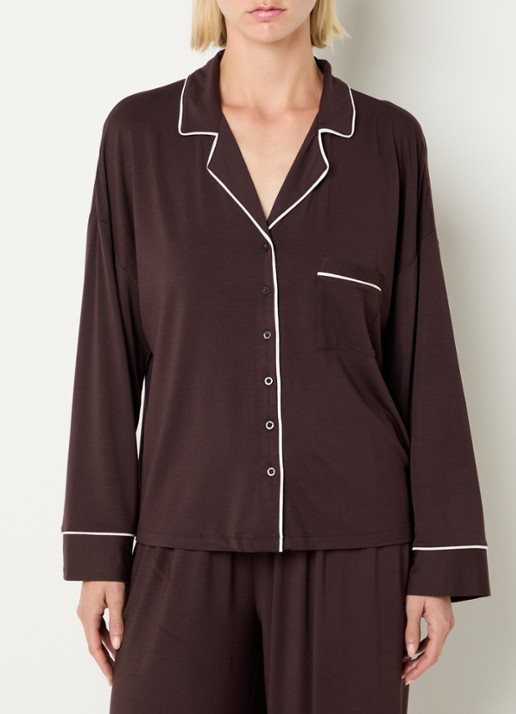 Lounge Pyjamatop met contrasterende bies - detail 4 chocoladebruin