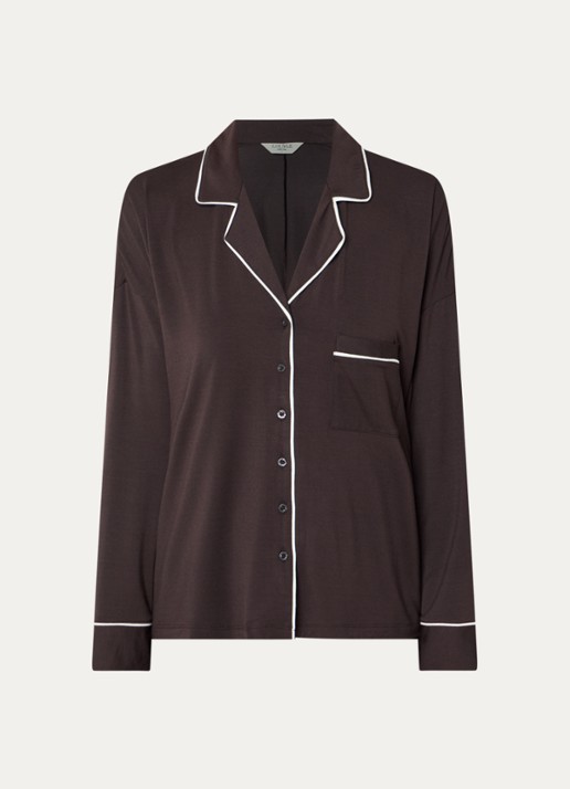 Lounge Pyjamatop met contrasterende bies - voorkant 2 chocoladebruin