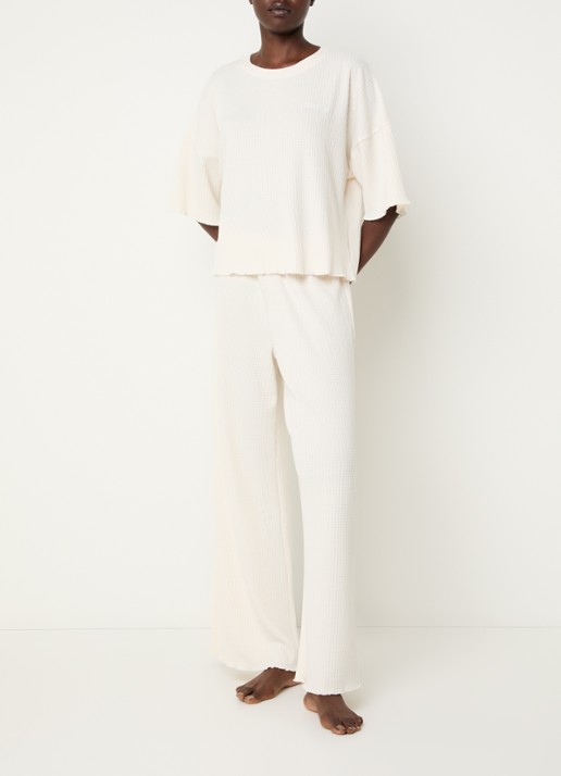 Lounge Pyjamatop met structuur en logoborduring - voorkant 4 beige