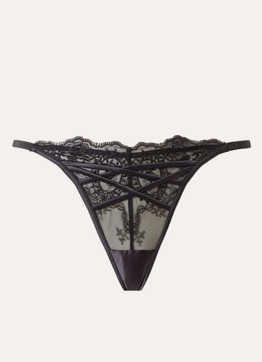 Lounge Seduce tanga van mesh met borduring - voorkant 4 zwart