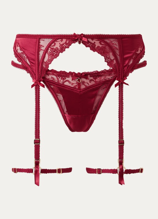 Lounge Valentina jarretels van satijn met mesh - voorkant 4 donkerrood