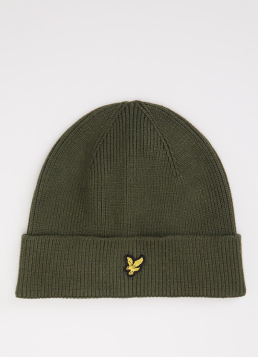 Lyle & Scott Fijngebreide muts met logo - voorkant legergroen
