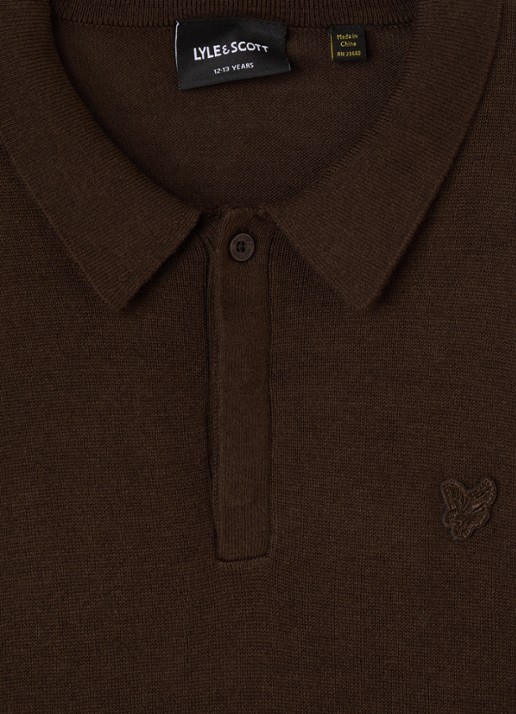 Lyle & Scott Fijngebreide polo met logo - detail donkerbruin