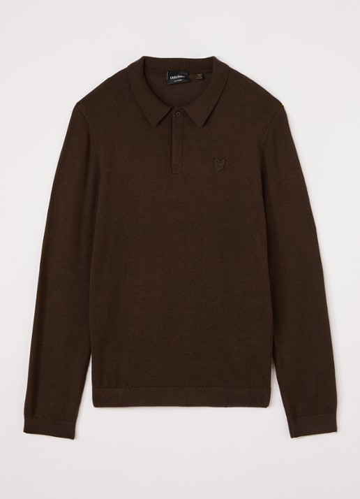 Lyle & Scott Fijngebreide polo met logo - voorkant 2 donkerbruin