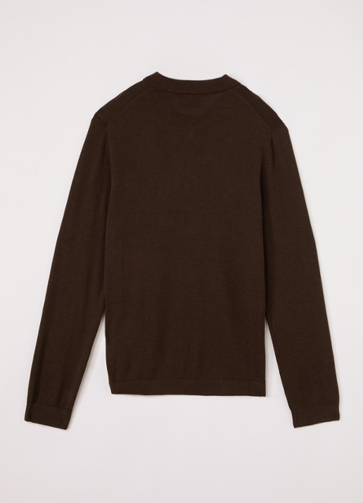Lyle & Scott Fijngebreide polo met logo - voorkant 3 donkerbruin