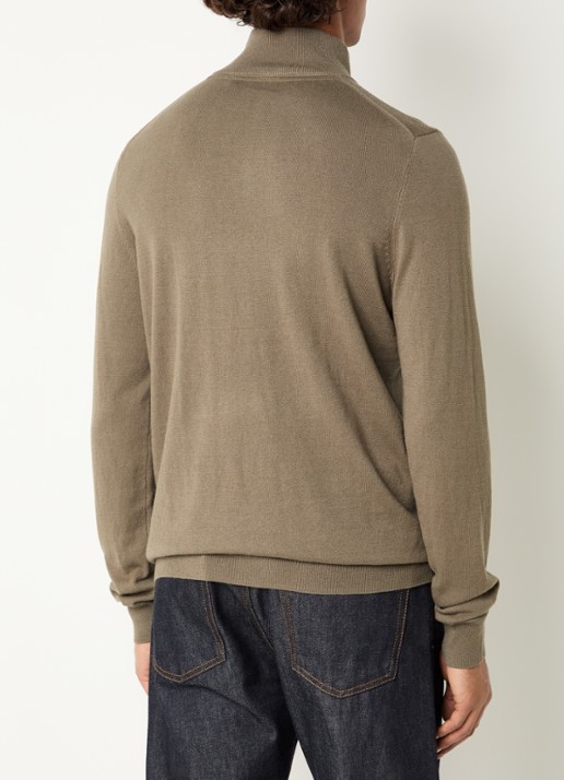Lyle & Scott Fijngebreide pullover in merino wolblend met halve rits - achterkant 3 donkerkhaki