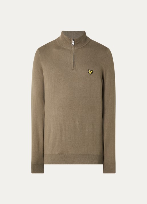 Lyle & Scott Fijngebreide pullover in merino wolblend met halve rits - voorkant donkerkhaki