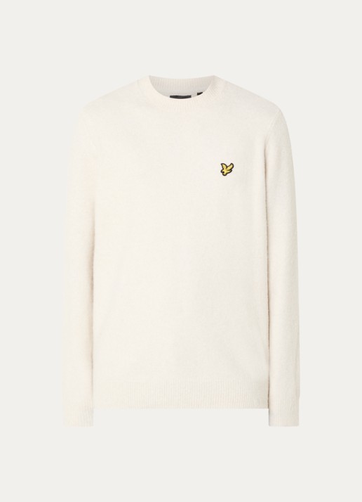 Lyle & Scott Fijngebreide trui in wolblend met logo - voorkant 3 gebroken wit