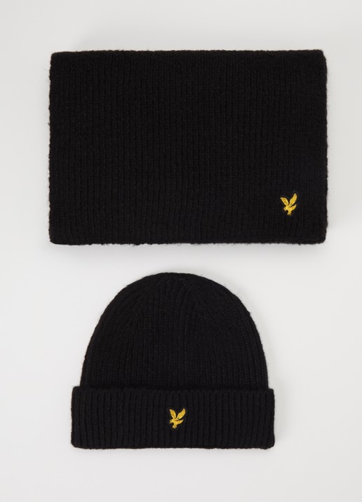 Lyle & Scott Ribgebreide muts en sjaal 180 x 33 cm in giftbox - detail 3 zwart