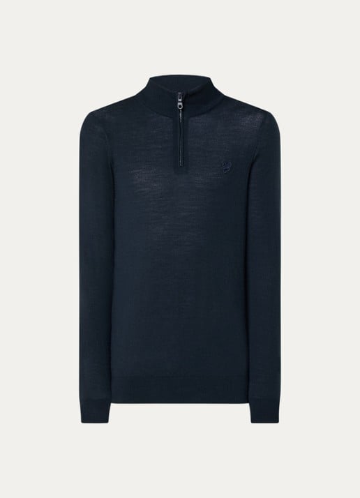 Lyle & Scott Tonal fijngebreide pullover van wol met halve rits - voorkant donkerblauw