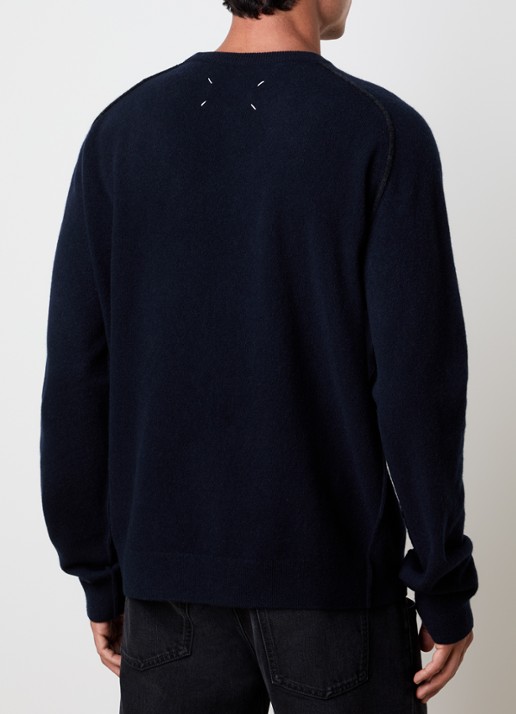 Maison Margiela Fijngebreide trui van wol met ronde hals - achterkant donkerblauw