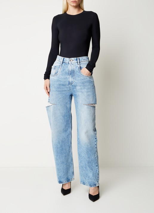 Maison Margiela High waist wide leg jeans met ripped details - voorkant 3 indigo