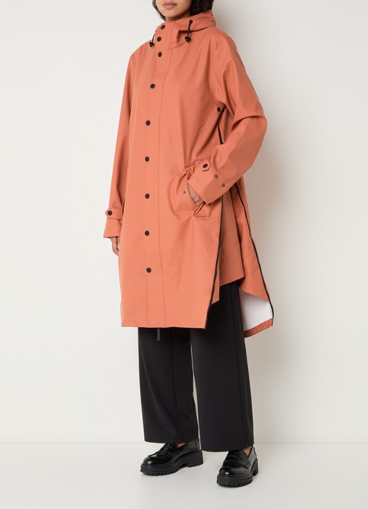 Maium Longline regenjas met capuchon - unisex - voorkant 3 koraalroze