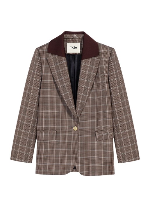 Maje Blazer in scheerwolblend met ruitdessin en klepzakken - voorkant bruin