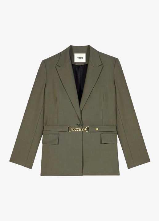 Maje Blazer in wolblend met gespdetail en klepzakken - voorkant 6 legergroen