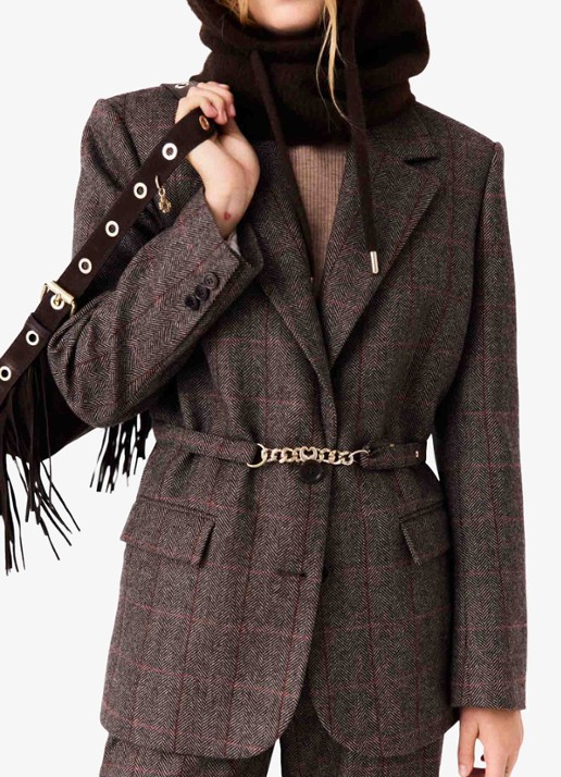 Maje Blazer in wolblend met ruitdessin en afneembare riem - detail 7 bruin