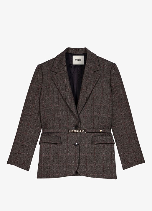Maje Blazer in wolblend met ruitdessin en afneembare riem - voorkant bruin