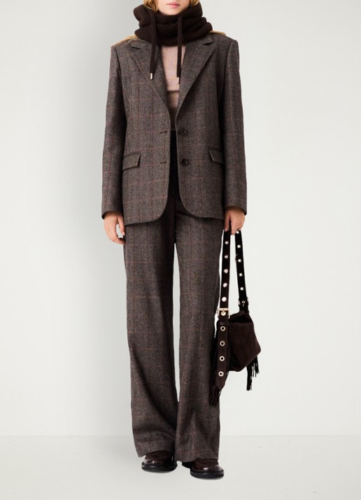 Maje Blazer in wolblend met ruitdessin en afneembare riem - voorkant 2 bruin