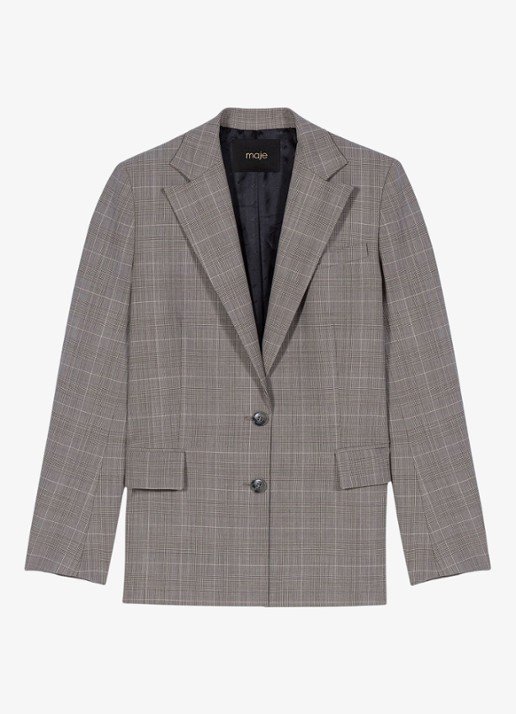 Maje Blazer in wolblend met ruitdessin - voorkant grijs