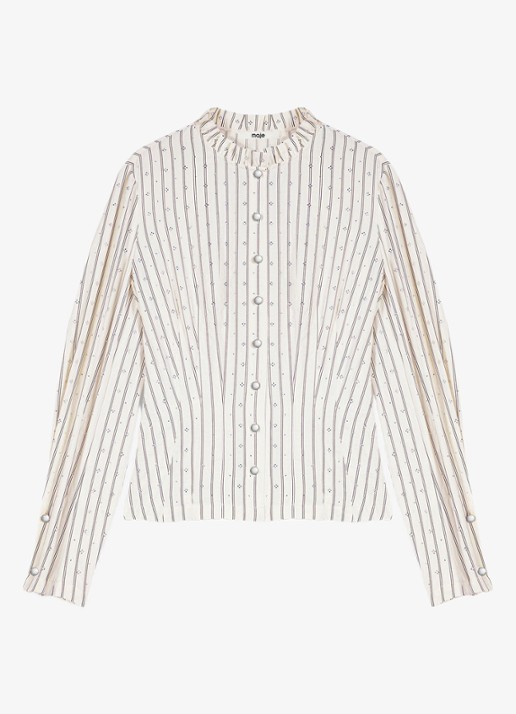 Maje Blouse met streepprint en strass - voorkant beige