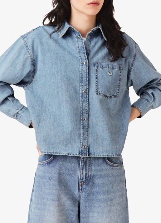 Maje Blouse van denim met borstzak en strass - detail 3 donkerblauw
