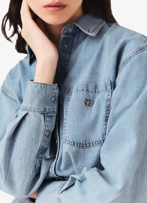 Maje Blouse van denim met borstzak en strass - detail 6 donkerblauw