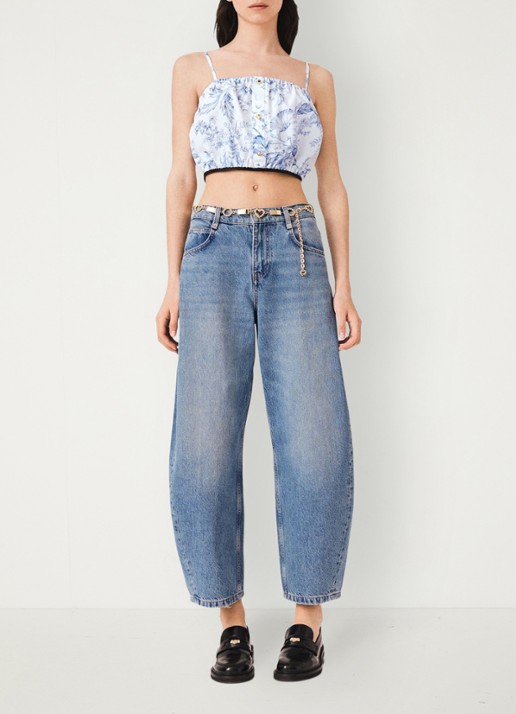 Maje Crop top in lyocellblend met plooien en print - voorkant 2 blauw