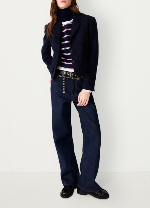 Maje Cropped blazer met streepprint en lurex - detail 6 donkerblauw