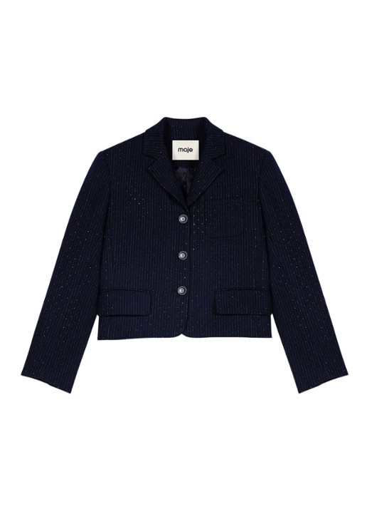 Maje Cropped blazer met streepprint en lurex - voorkant 7 donkerblauw