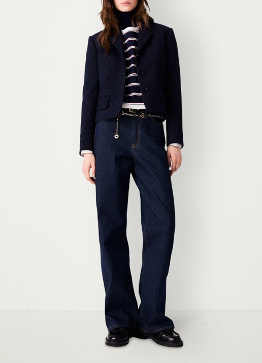 Maje Cropped blazer met streepprint en lurex - voorkant 8 donkerblauw