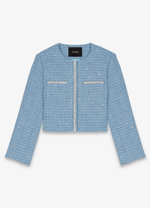 Maje Cropped blazer met tweed-look en pailletten - voorkant 2 blauw