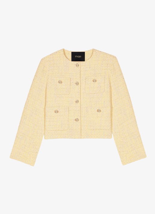 Maje Cropped blazer van bouclé - voorkant 6 lichtgeel