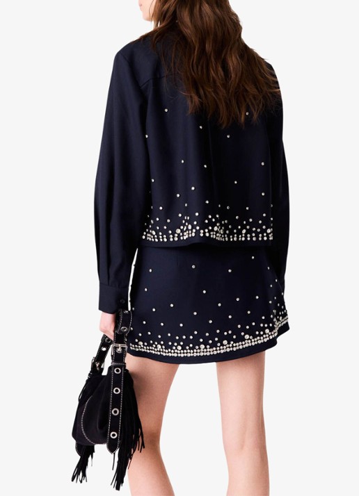 Maje Cropped blouse in wolblend met strass - achterkant 8 donkerblauw