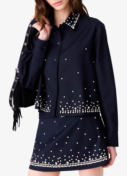 Maje Cropped blouse in wolblend met strass - detail 3 donkerblauw