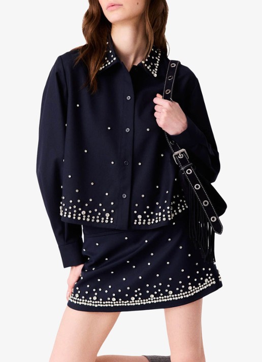 Maje Cropped blouse in wolblend met strass - detail 4 donkerblauw