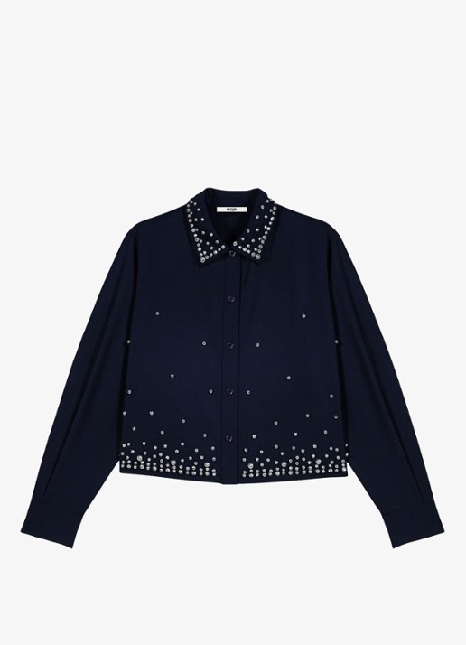 Maje Cropped blouse in wolblend met strass - voorkant 6 donkerblauw