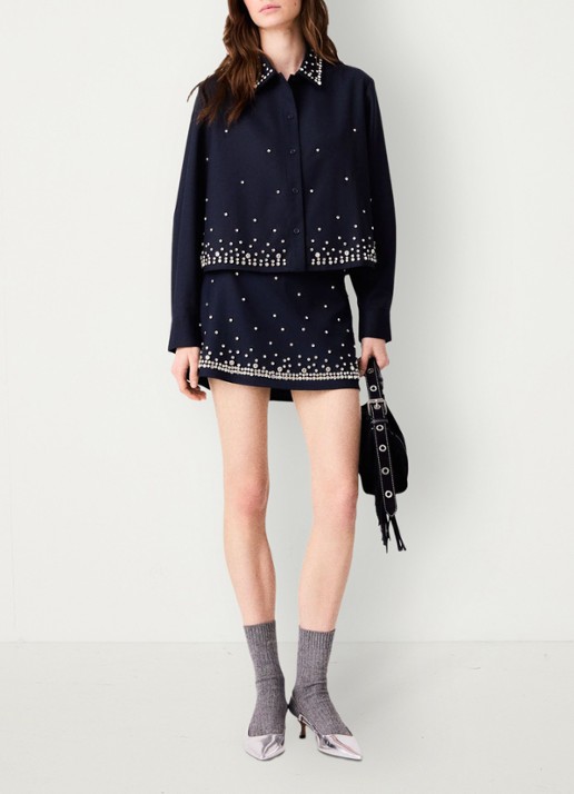 Maje Cropped blouse in wolblend met strass - voorkant 7 donkerblauw